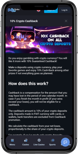 Mobile screenshot of 10% crypto cashback promotion