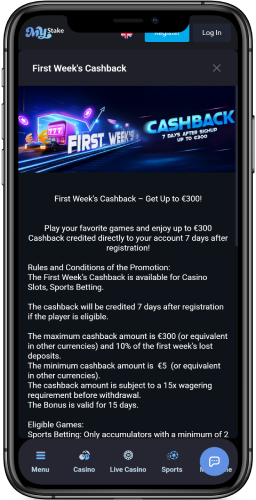 Mobile screenshot of first week cashback promo