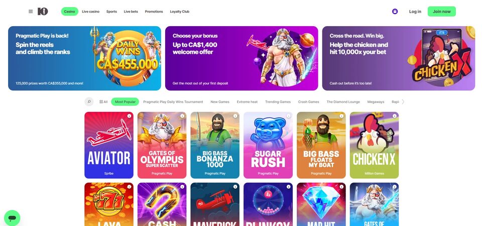 Screenshot of casino page of 10bet