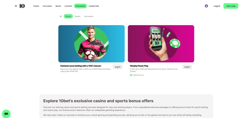 Screenshot of promotions page of 10bet
