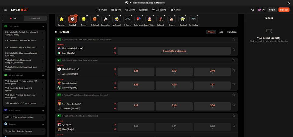 Screenshot of the 1mlnbet sport page