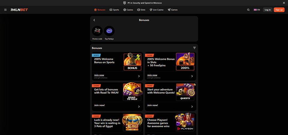 Screenshot of the 1mlnbet bonus page