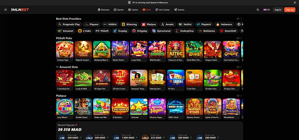 Screenshot of the 1mlnbet casino page