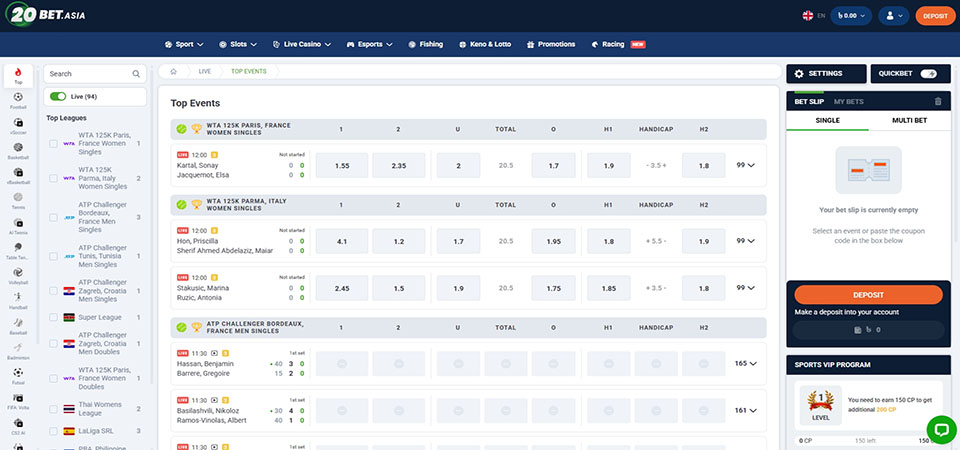 Screenshot of the 20bet sport page