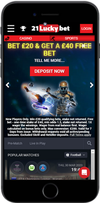 Mobile screenshot of the 21LuckyBet promo page