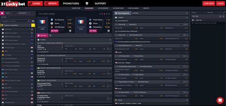 Screenshot of the 21LuckyBet sport page