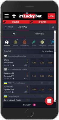 Mobile screenshot of the 21LuckyBet sport page