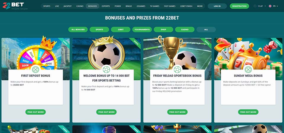 Screenshot of the 22bet bonus page