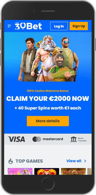 Mobile screenshot of the 30bet home page