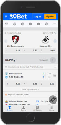 Mobile screenshot of the 30bet sport page