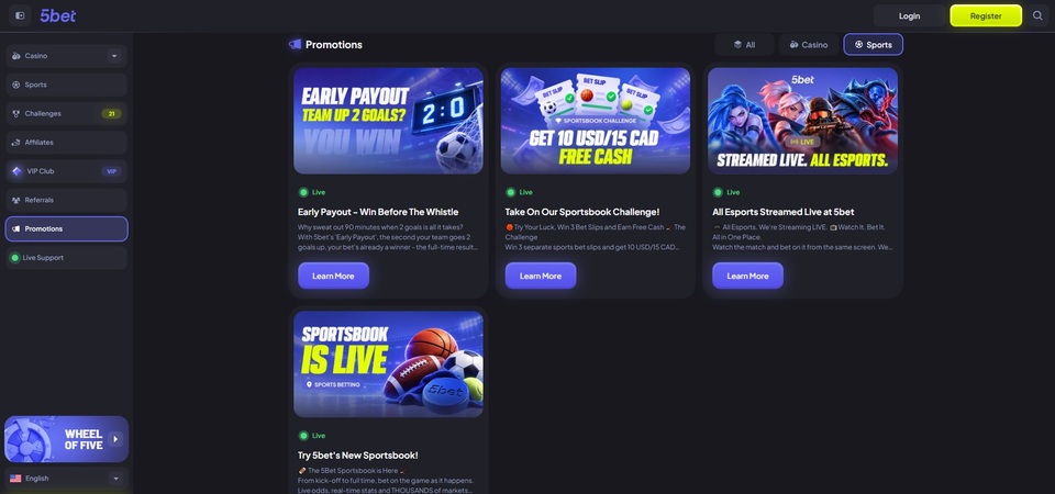 Screenshot of promotions at 5bet