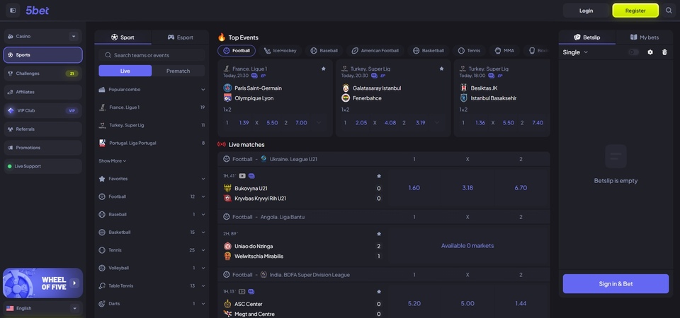 Screenshot of sports at 5bet