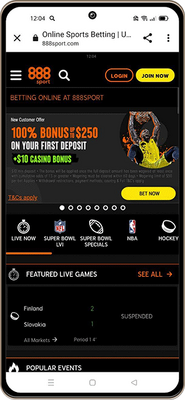 Mobile screenshot of the 888sport main page