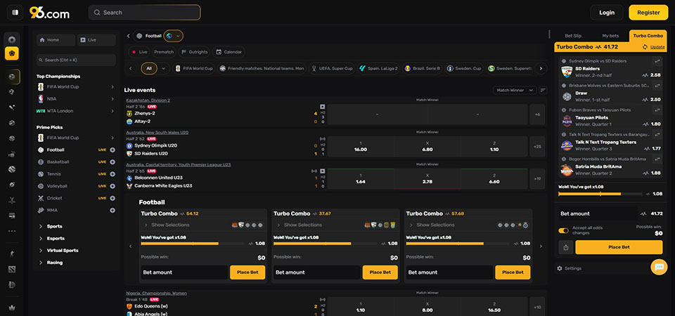 Screenshot of the 96.com sport page