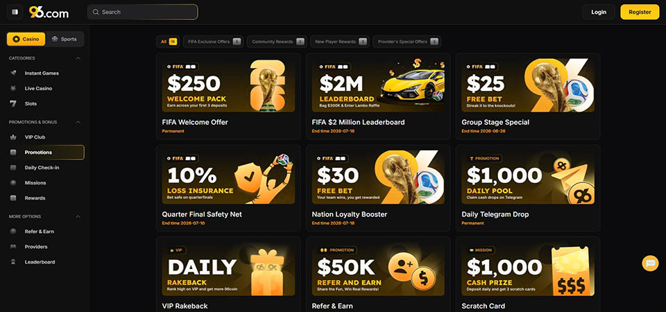 Screenshot of the 96.com bonus page