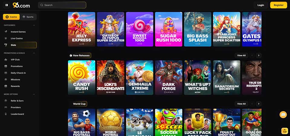 screenshot of the 96.com casino page