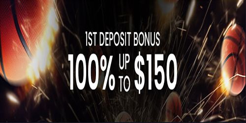 Apxbet presents its first deposit bonus - 100% up to $150 - using orange basketball on blackframe