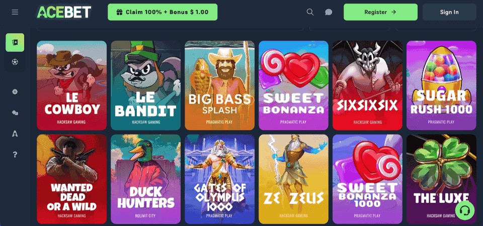 Screenshot of the Acebet casino page