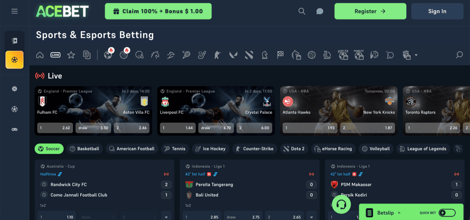 Screenshot of the Acebet sport page