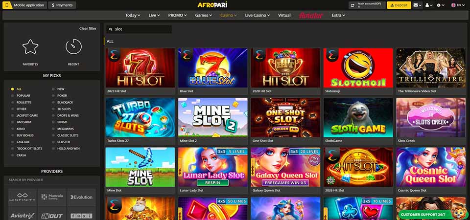 Screenshot of the Afropari casino page