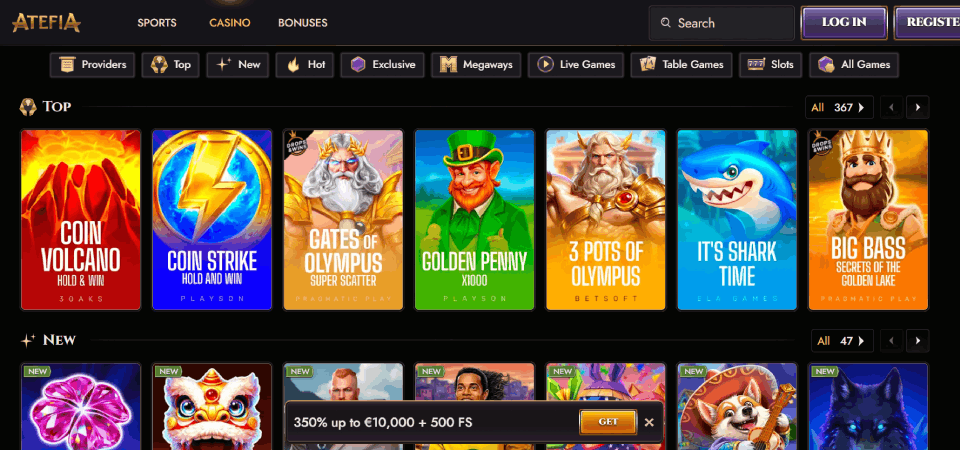screenshot of the Atefia casino page