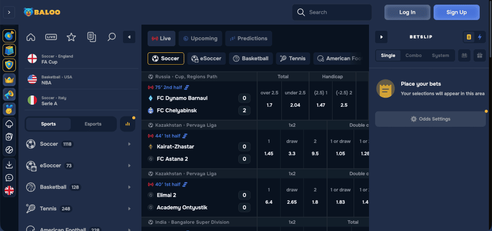 Screenshot of the Baloo sport page