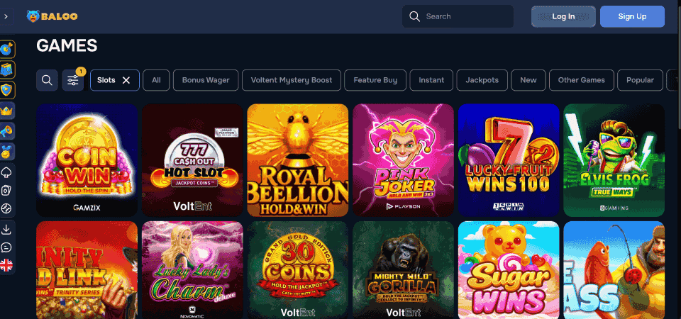 Screenshot of the Baloo casino page