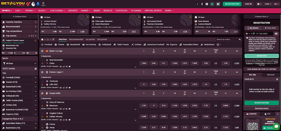 Screenshot of the BetAndYou Africa sport page