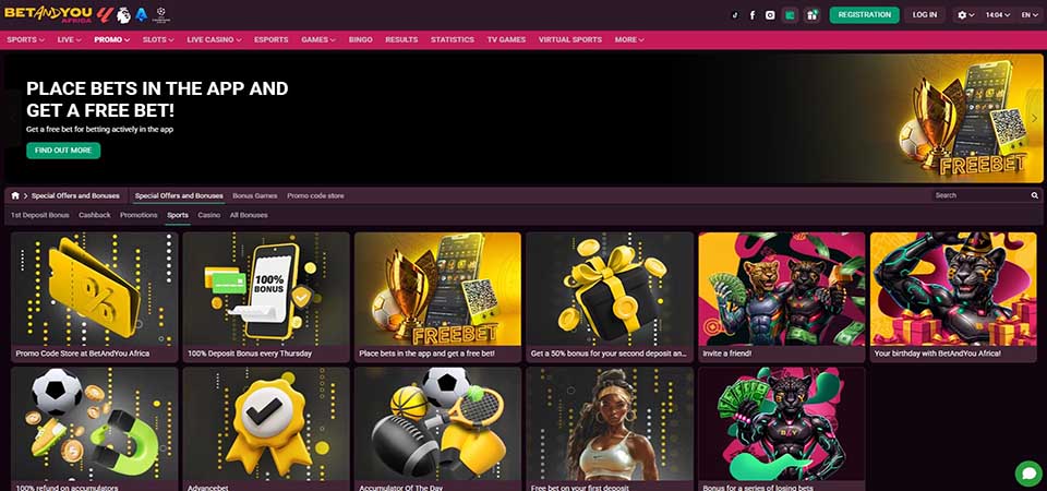 Screenshot of the BetAndYou Africa bonuses page