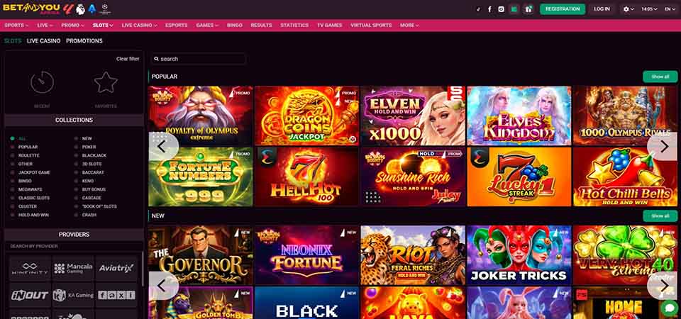 Screenshot of the BetAndYou Africa casino page