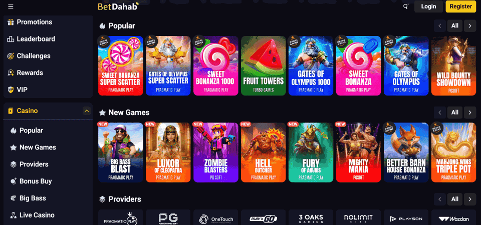 Screenshot of the BetDahab casino page