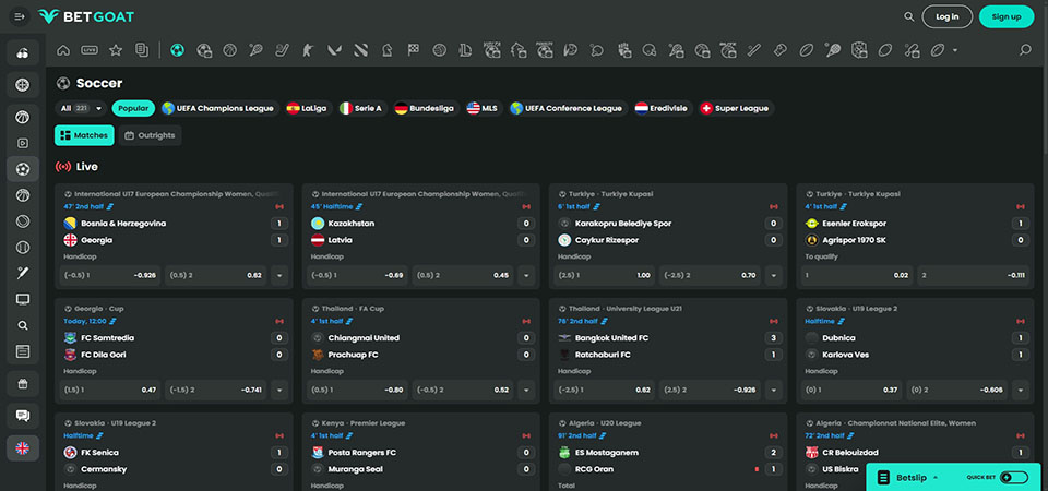 Screenshot of the BetGoat sports page
