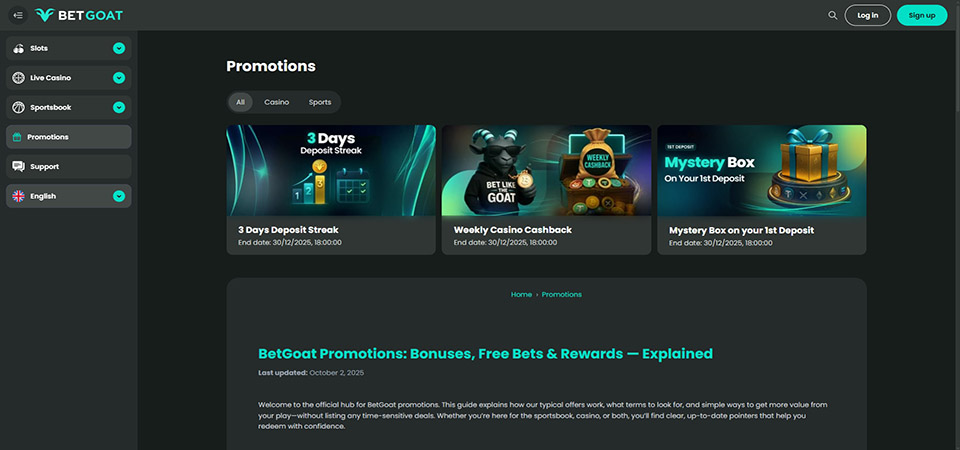Screenshot of the BetGoat bonuses page