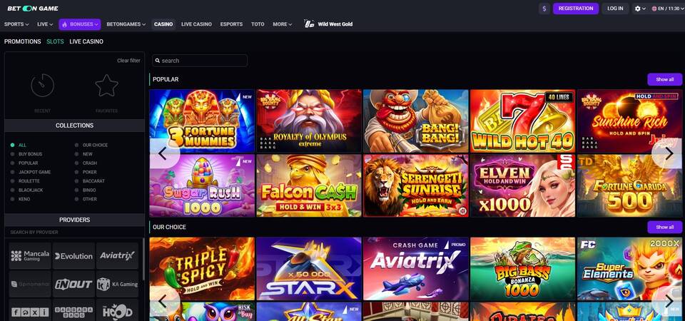 Screenshot of casino page at Betongame