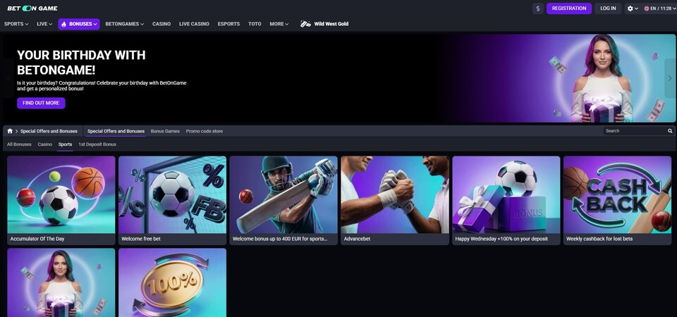 Screenshot of the BetOnGame bonuses page BD