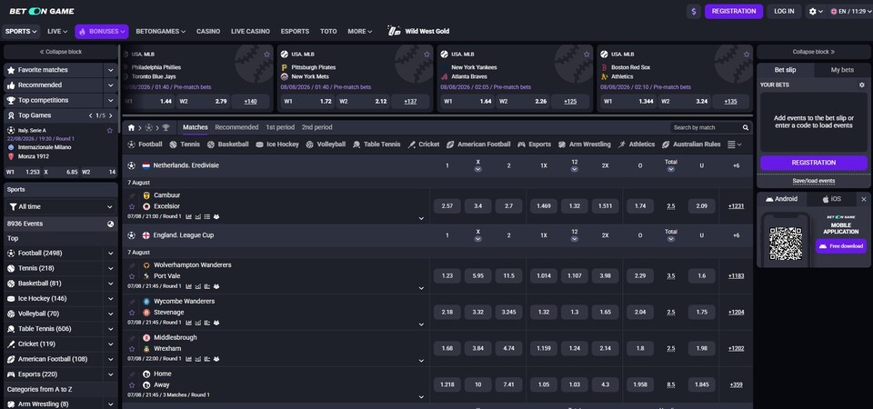 Screenshot of sports page at Betongame