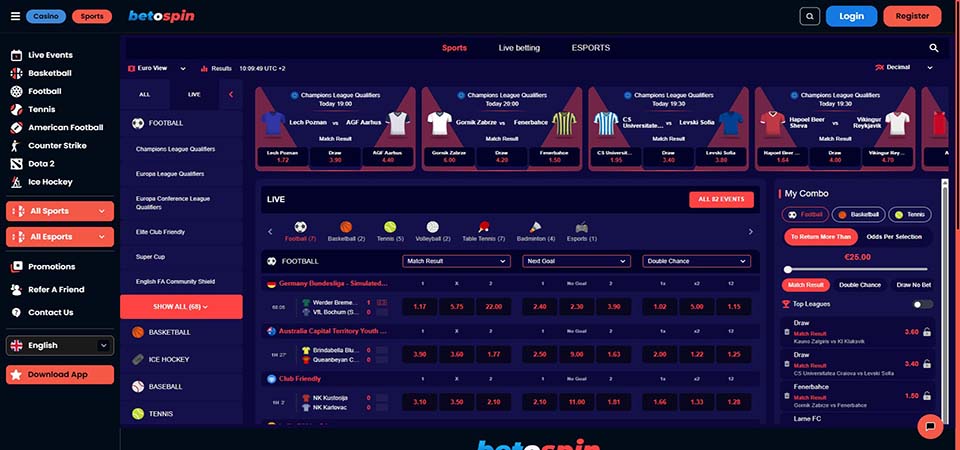 Screenshot of the BetOspin sport page
