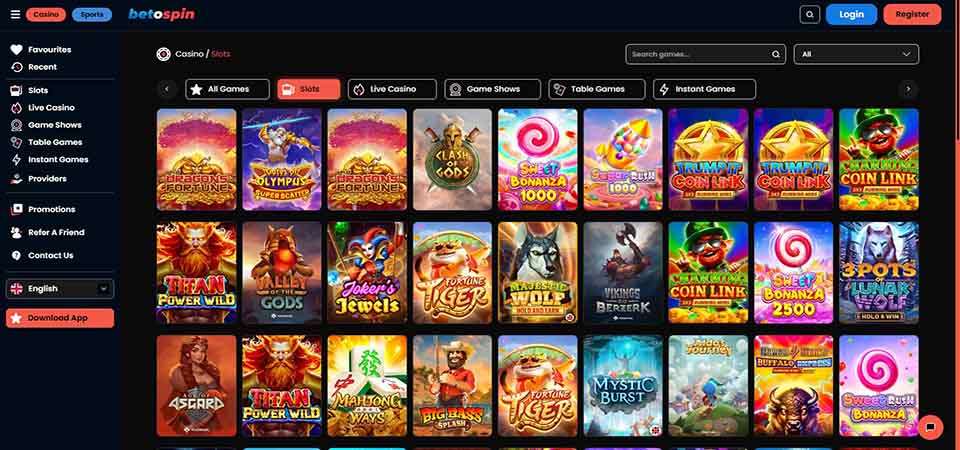 Screenshot of the BetOspin casino page