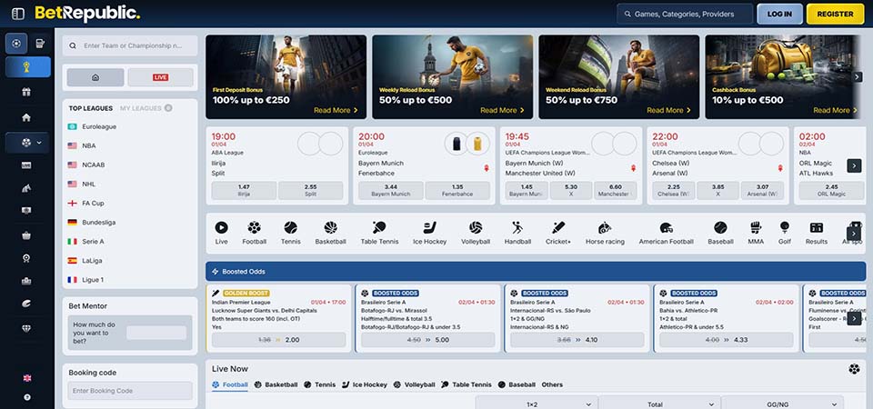 Screenshot of the BetRepublic sport page