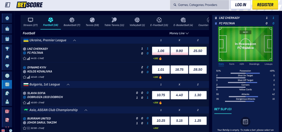 Screenshot of the BetScore sport page