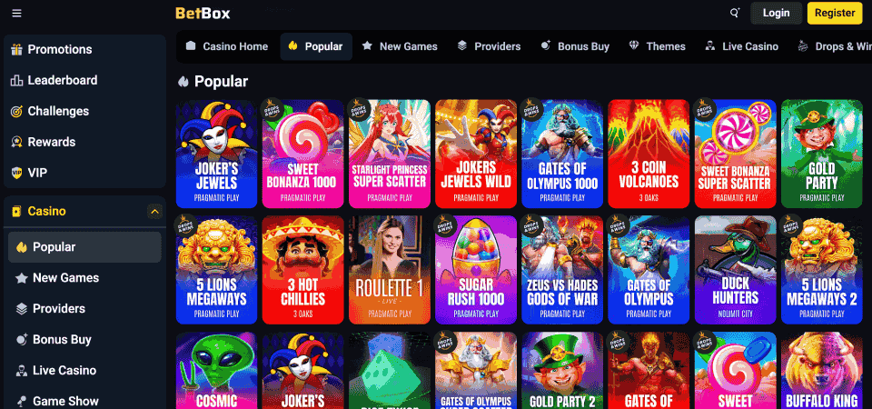 Screenshot of the Betbox casino page