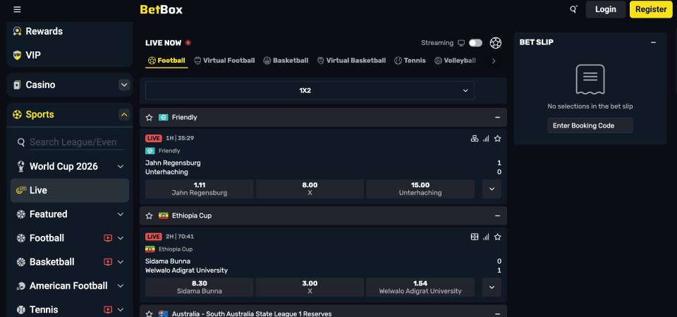 Screenshot of the Betbox sport page