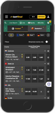 Screenshot of the Betfinal live sports mobile page