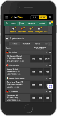 Screenshot of the Betfinal top sports mobile page