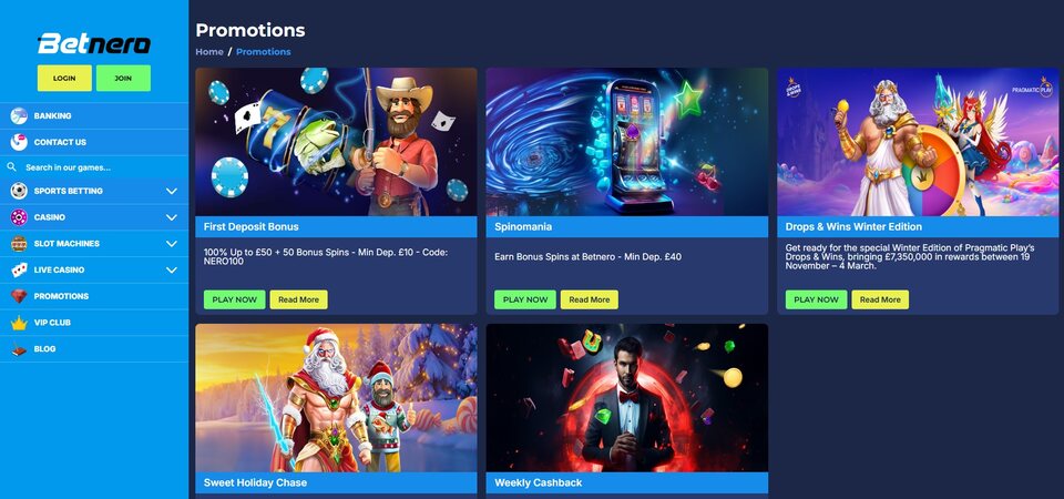 Screenshot of promotions at Betnero