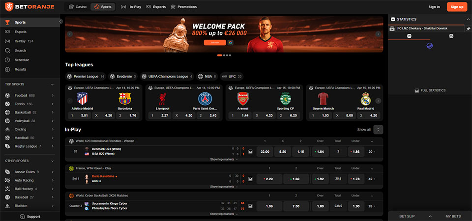 Screenshot of the Betoranje sport page
