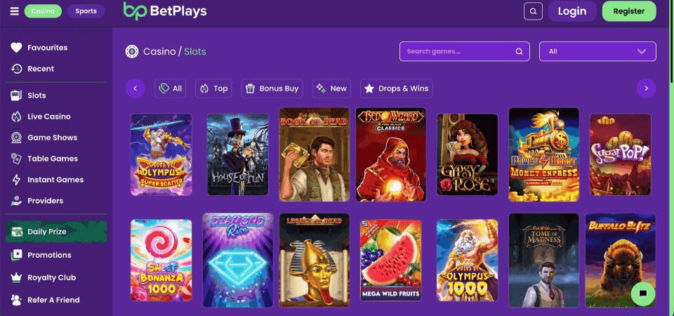 Screenshot of the Betplays Casino page
