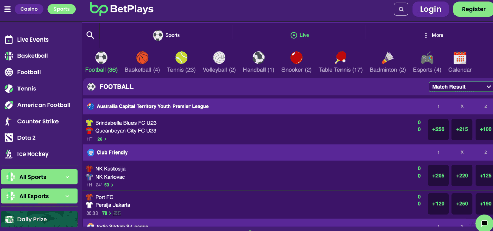 Screenshot of the BetScore sport page