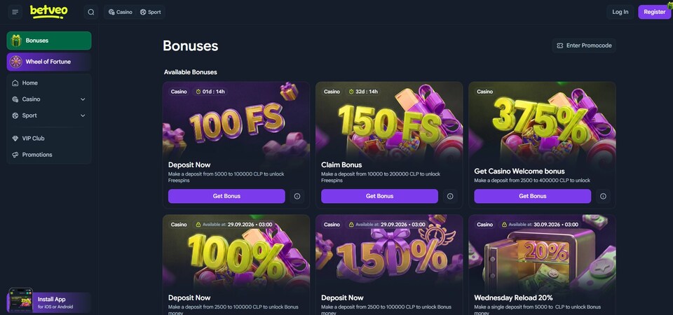Screenshot of promotion at Betveo