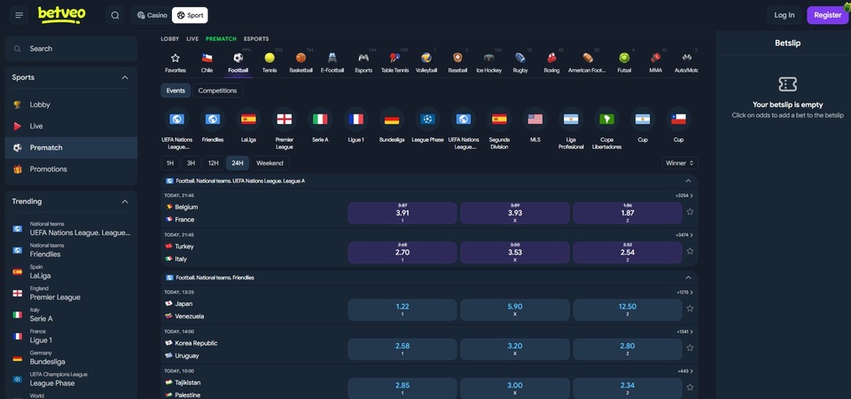 Screenshot of sports betting at Betveo